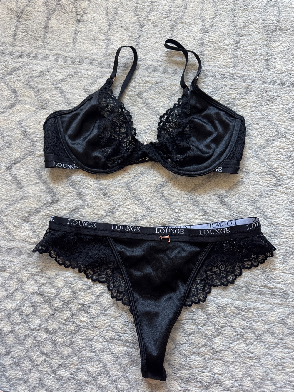 Lounge Black Satin & Lace Underwire Bra and Thong Set
